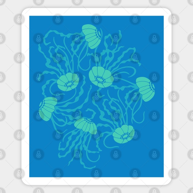 JELLIES Gently Swimming Jellyfish Coastal Ocean Undersea Aquarium Sea Creatures in 1970s Retro Turquoise on Blue - UnBlink Studio by Jackie Tahara Magnet by UnBlink Studio by Jackie Tahara